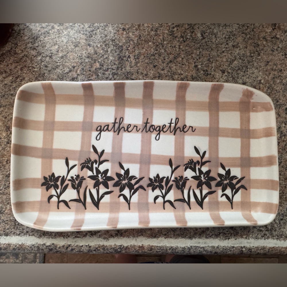 Rae Dunn Gather Together Plaid Ceramic Serving Tray with Floral Design